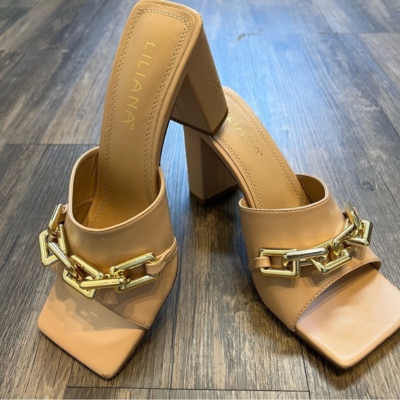 Women’s Chain Slip On Chunky Heels Shoes Sandals Tan Size 8 - Picture 7 of 13